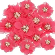 2.36 Inch Rhinestone Chiffon Flower, 15 Pcs Fabric Appliques, Rose Red
