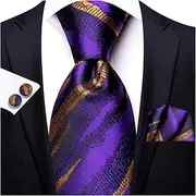 [VSOLS] Men's Blue Black Striped Tie 3.4" Tie Pocket Square Cufflinks Wedding Party Silk Tie Set (Color : SN-3387, Size : 59.06 * 3.35in)