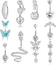 [Kakonia] 9Pcs 14G 316L Surgical Steel Belly Button Bars for Women Girls Long Dangly Belly Bar CZ Snake Heart Butterfly Clicker Navel Rings Belly Piercing Set Body Piercing Jewelry 10mm