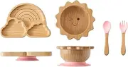 Ikubigu Bamboo Suction Plates Bowls Set for Baby Toddler Divided Platter Food Bowl with Silicone Fork & Spoon All-Natural Kids Feeding Set for Baby-Led Weaning, Non-Slip Design(Pink)