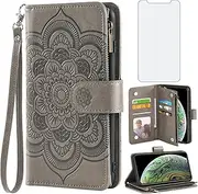 Asuwish Compatible with iPhone Xs Max Wallet Case and Tempered Glass Screen Protector Flower Flip Credit Card Holder Cell Phone Cover for i X XR Xsmax 10x SX Xmax 10xs 10s 10 Plus Xmaxs Women Men Grey