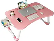 Cozioz Foldable Laptop Bed Table - Portable Desk Tray with Storage Drawer, Lap Desk TV Tray for Breakfast Serving, Notebook Stand with Phone Slot and Cup Holder - Pink