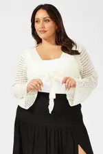 White Crochet Cardigan Long Sleeve Tie Front Knit