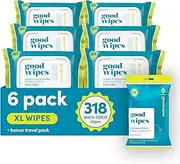 goodwipes Flushable Butt Wipes - Vitamin E & Aloe - Sewer & Septic Safe - Extra Large Adult Wet Wipes For Women & Men - Bathroom Essentials - Shea Coco, 318 Count (6 Packs + 1 Travel)