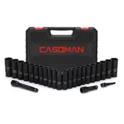 25PCS 1/2" Drive Impact Socket Set, Deep, Cr-V Steel, 6 Point, Metric&SAE, 12...