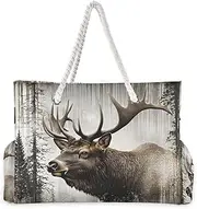 [YXYZRMY] Moose Forest Retro Beach Bag for Women Large Beach Tote Bag Zipper for Swim Gym Travel Daily