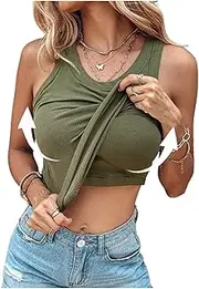 [xyunluk] Chic-Me Tank Top with Bra Round Neck Ribbed Tank Top with Built in Bra Built in Bra Tank Tops for Women(Green,X-Large)