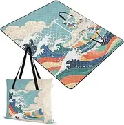 Yoogain Camping Picnic Rug Packable Grass Sand Resistant Beach Blanket for Women 30s Spring Gifts Retro Japanese Colorful Waves 60x80in