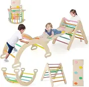 HONEY JOY 7 in 1 Kids Triangle Climbing Toys Set, Toddler Wooden Climber Gym Arch Rocking Playset w/Reversible Ramp for Sliding, Indoor Home Climbing Sliding Set for Boys Girls Colorful