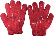 (Dark Red) - Fashion Every Day Girls Ice Skating Gloves/Magic Stretch Gloves with Clear Rhinestones Snow Flakes (Dark Red)