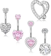 [LYLYMIMI] 5 Pieces Love Belly Button Rings Double Heart Zircon 14G 316L Stainless Steel Navel Ring CZ Belly Rings Piercing Jewelry