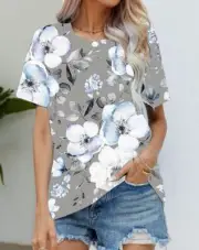 Blusa Camiseta Mujer Tono Claro Floral Blanco Roto Moda Manga Corta Sedoso Suave