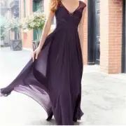 HAYLEY Paige Occasions Bridesmaid Chiffon Gown 5750 Cut-Out Back Plum Sz 10 NWT