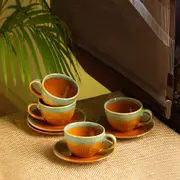 Hand-Engraved Ceramic Tea Cups & Saucers (Set of 4)