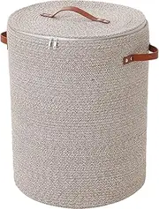 Extra Large Cotton Rope Storage Basket with Lid and Zipper, Versatile Laundry Hamper and Cloth Bin for Clothes, Towels, Blankets, Living Room Organization (All Deep Camel White Mix, 16"x20")