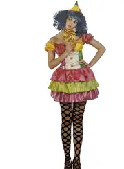 HT Ladies Colourful Candy Clown Costume Fancy Dress