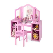 Babyjoy Kids Vanity Dressing Table Set w/Removable Mirror Children Study Desk and Chair Set Pink