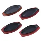 Griddle Steak Fry Plate BBQ Grill Pan Fish Shaped with Wooden Tray Cast Iron