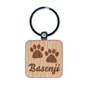 Basenji Dog Paw Prints Fun Text Engraved Wood Square Keychain Tag Charm
