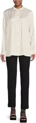 NWT Eileen Fisher XL 100% Silk Boxy Shirt in Bone Mandarin Collar