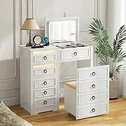 Dystler Makeup Vanity with Mirror and Light, Dressing Desk with Multiple Storage Drawers & Chair, 3 in 1 Vanity Set with Charging Station for Bedroom/Cloakroom, White