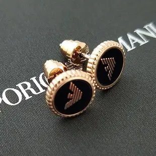 EMPORIO ARMANI 玫瑰金老鷹圖騰黑色圓型徽章針式耳環
