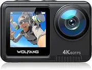 [WOLFANG] GA420 Dual Screen Action Camera 4K 60FPS 24MP Touchscreen Underwater Camera, 10M Body Waterproof/40M Waterproof Helmet Bike Camera with EIS, Remote Control, 2x1350mAh Batteries, Accessory Kit