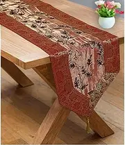 Stylo Culture Indian Dining Christmas Table Runner Extra Long 6 Ft Maroon Coffee Ethnic Brocade Bordered 72 Inch Decorative Placemat Zari Embroidered Tassels 14 Inch Wide Party Wedding Decor