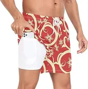 [GuoChe] Men Beach Shorts Men's 2 Layer Workout Shorts Valentine's Day Vintage Red Floral with Pockets and Compression Liner, Valentine's Day Vintage Red Floral, Medium