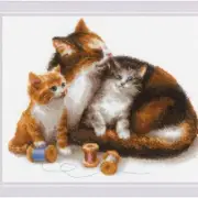 "Meow Masterpiece Cross Stitch Kit - 11.75"X9.5" Cat W/Kittens 14 Count - DIY Cr