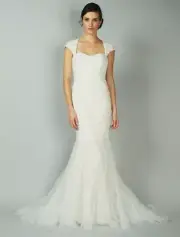 ANNE BARGE Bridal Wedding Dress Blue Willow Bride Ivory Cap Sleeves Lace Fitted