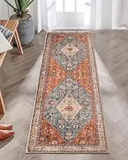 LOVJOYSE Boho Washable Runner Rug, 2x6FT Hallway Bohemian Vintage Non-Slip Entryway Throw Rug Faux Wool Machine Washable Low-Pile Floor Carpet Runner for Kitchen Laundry Living Bedroom Bathroom
