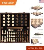 Premium Magnetic Wooden Chess and Checkers Set - Handcrafted Pieces, Foldable...