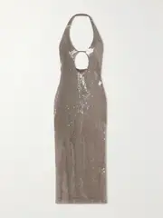 [16ARLINGTON] 16ARLINGTON - Sola Cutout Sequined Stretch-tulle Halterneck Midi Dress - Dark gray - UK 14 UK 14 Gray