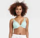 Auden Lace Plunge Push-Up Bra Women 34B Underwire Padded Adjustable Straps Green