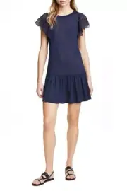 REBECCA TAYLOR Navy Flutter Eyelet Sleeve T-Shirt Jersey Mini-Dress XL ~ 16