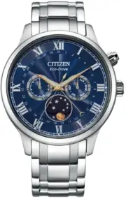 CITIZEN AP1050-81L Eco-Drive SS Blue Moonphase Japan Sapphire Day Date Watch