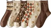 [Lefe Liee] cute vintage cottagecore socks for women, autumn aesthetic floral flower patterned checkered socks for girls, nordic crew argyle fashion ankle socks, Khaki, 5.5-8.5