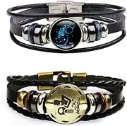 [Dcfywl731] 2Pcs Zodiac Gifts Bracelet for Women Men 12 Constellation Beaded Hand Woven Leather Bracelets Braided Punk Chain Cuff Men Gifts for Christmas