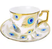Porcelain Bone China Coffee or Teacup Set of 6 Cups + Saucers (Peacock Feathers)