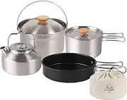 JIEBWCHA 4 Packs Camping Crockery Set Stainless Steel Camping Cooking Set, Camping Cooking Pot and Pot Set Camping Includes Kettle, Cooking Pot, Rice Steamer, Frying Pan, Storage Bag