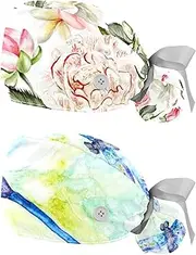 [WOSHJIUK] Working Hat 2 Pack Scrub Caps for Women,Bright Watercolor Flowers Peony,Tie Back Cap Adjustable Scrub Hat