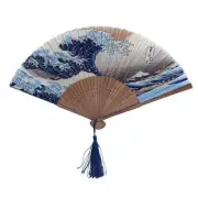 Silk Hand Fan Japanese Wave Blue Tsunami Folding Fan Elegant Hand Fan W/ Tassel