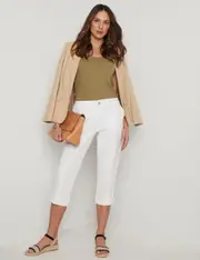 KATIES - Womens Pants - White Summer Cropped - Slim Leg Cotton Fashion Trousers - High Waist - Elastane - Cargo - Casual Work Clothes - Office Wear