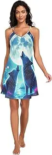 [RPLIFE] Wolves Howling Moon Blue Slip Nightgowns for Women, Adjustable Spaghetti Strap V Neck Women's Satin Nightgown