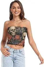 [RPLIFE] Retro Skulls Red Roses Flowers Women's Tube Top Strapless Top for Women, Sheer Tube Tops, Trendy Crop Tops (S)