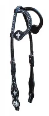 Western Black Leather Hand Tooled Silver Inlay Two Ear Headstall & Silver Spots