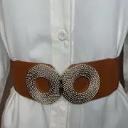 Camel PU leather circle buckle elastic waistband belt