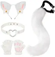 Faux Fur Fox Tail Cat Wolf Cosplay Costume Set, Cats Ear Headbands Tail Cats Paw Glove Leather Neck Chocker Set Halloween Christmas Party Animal Role Play Accessories (White)