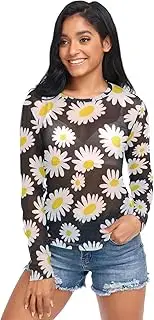 [RPLIFE] White Daisies Black Long Sleeve Mesh Top, Party Tops Long Sleeve S-XXL, White Daisies Black, Medium